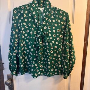 Jade Green Floral Blouse with Bow Detail